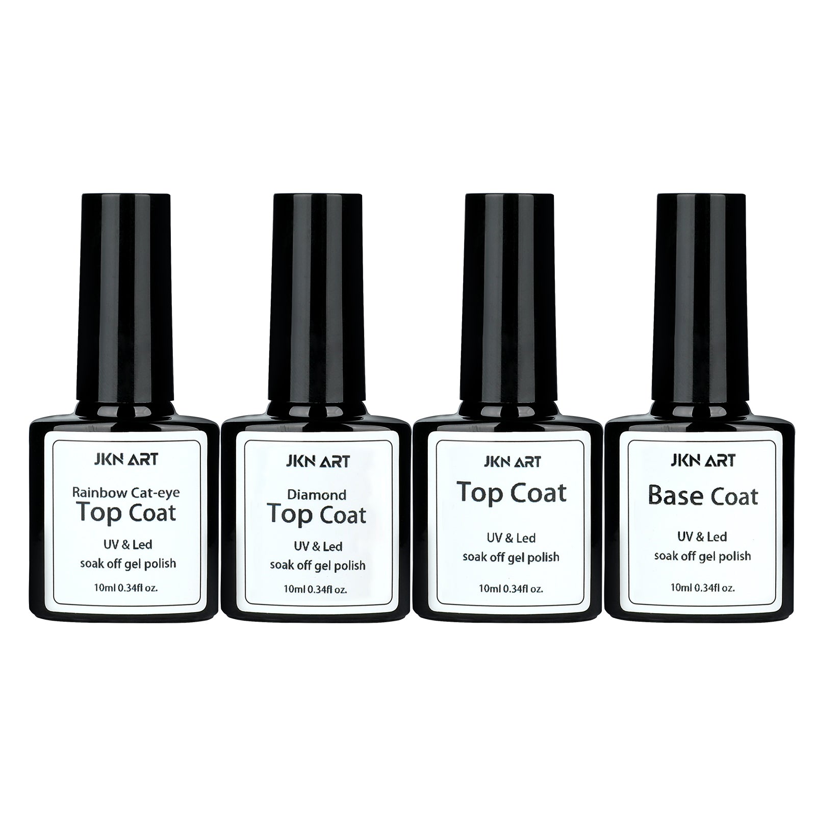 Four-piece JKN Art UV/LED gel set with Base Coat, Top Coat, Diamond Top Coat and Rainbow Cat-eye Top Coat, 10 mL each.