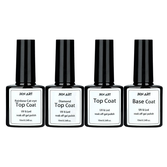 Four-piece JKN Art UV/LED gel set with Base Coat, Top Coat, Diamond Top Coat and Rainbow Cat-eye Top Coat, 10 mL each.