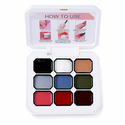 Open 9-color JKN Art semi-solid patting gel palette showing black, white, nude, gray, blue, green, pink, red and burgundy shades.
