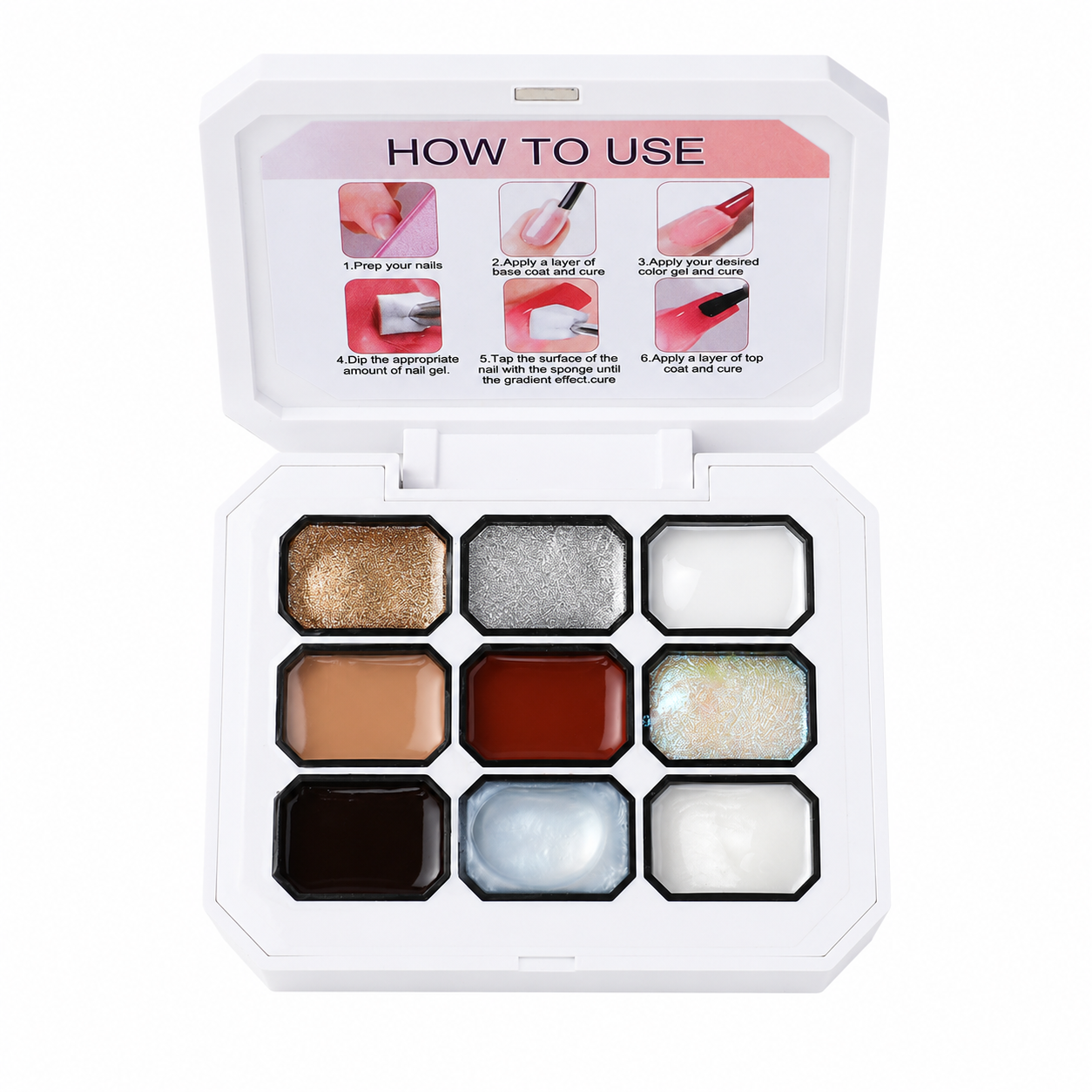 Open 9-color JKN Art Artistic Space semi-solid patting gel palette showing gold, silver, white, nude, reddish brown, iridescent, dark brown, blue-gray and pearl shades.
