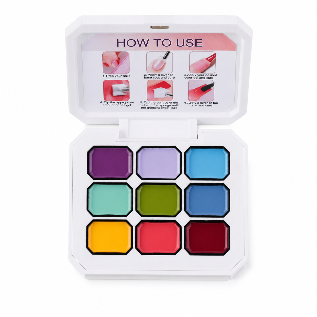 Open 9-color JKN Art Monet’s Garden semi-solid patting gel palette showing purple, lavender, blue, mint, green, yellow, coral and burgundy shades.