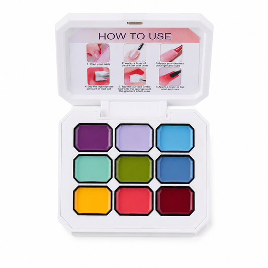 Open 9-color JKN Art Monet’s Garden semi-solid patting gel palette showing purple, lavender, blue, mint, green, yellow, coral and burgundy shades.