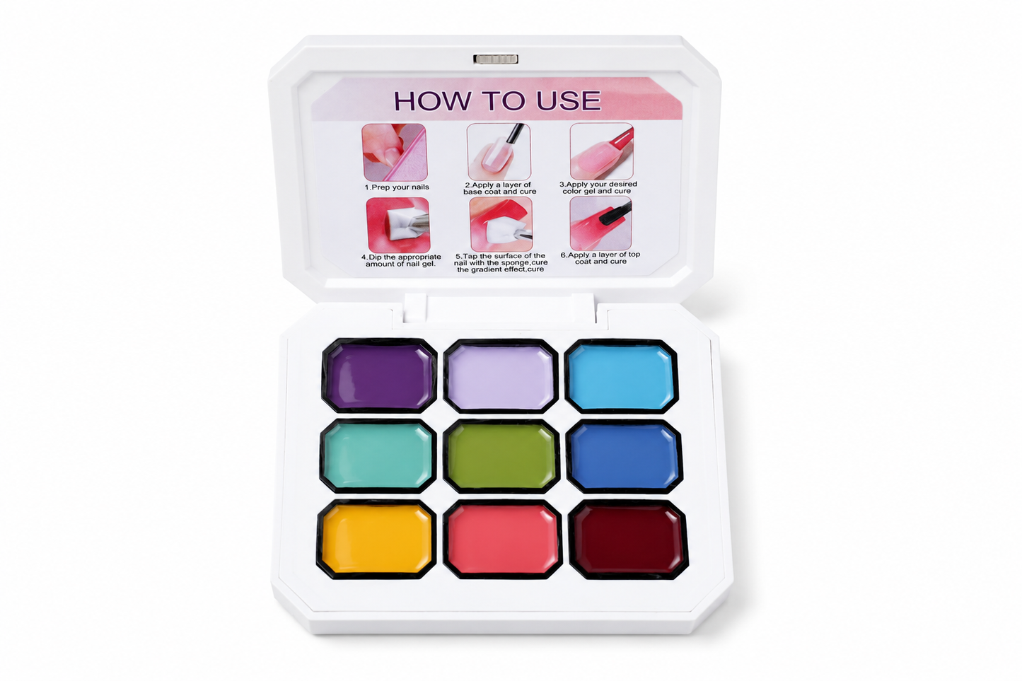 Open 9-color JKN Art Paint Autumn’s semi-solid patting gel palette showing beige, tan, caramel, brown, rust, taupe and dark chocolate shades.