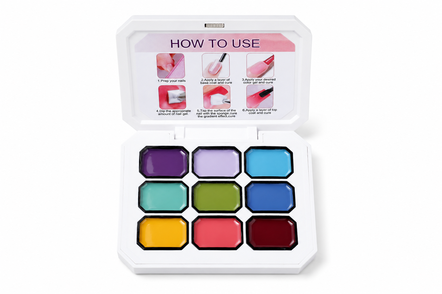 Open 9-color JKN Art Paint Autumn’s semi-solid patting gel palette showing beige, tan, caramel, brown, rust, taupe and dark chocolate shades.