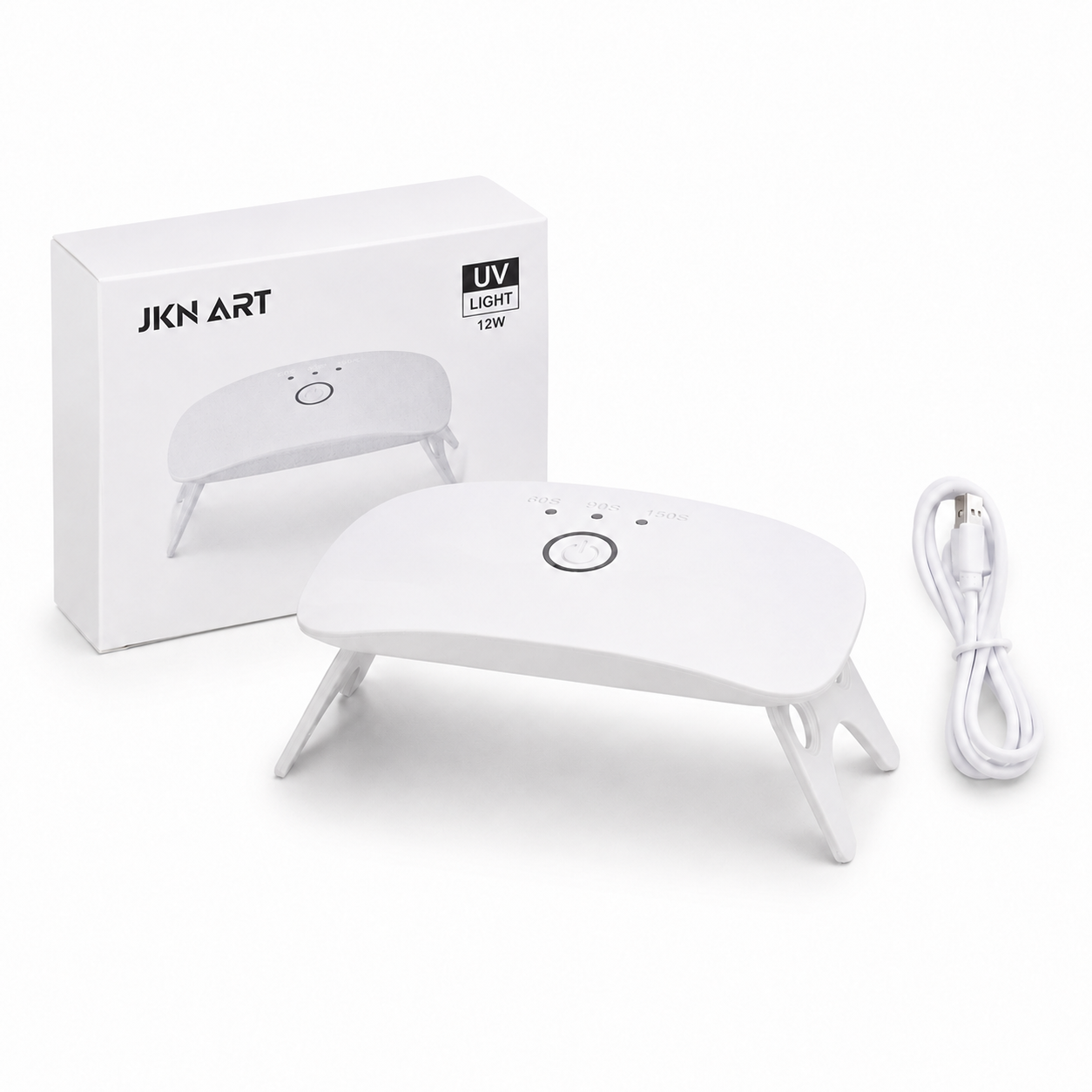 White JKN Art 12W portable UV LED nail lamp with foldable legs, 60s, 90s and 150s timer settings, retail box and USB cable.